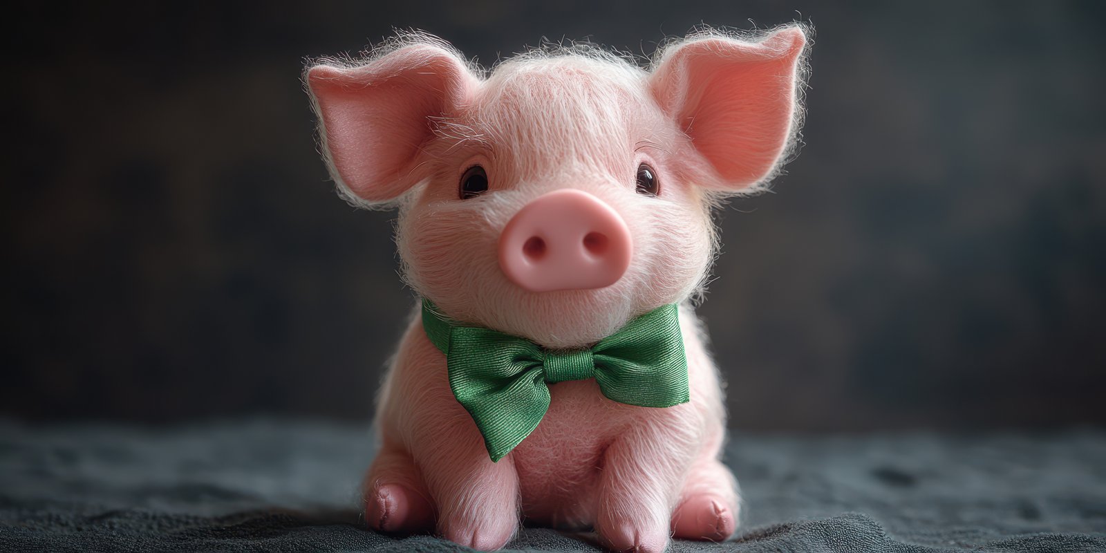 Cute piglet dressed in a green bow tie posing for a cheerful moment indoors near dark background